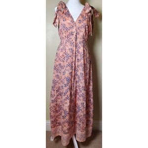Cleobella Astrid‎ Maxi Dress Small Tie Shoulder Peach Blue Floral Button Front